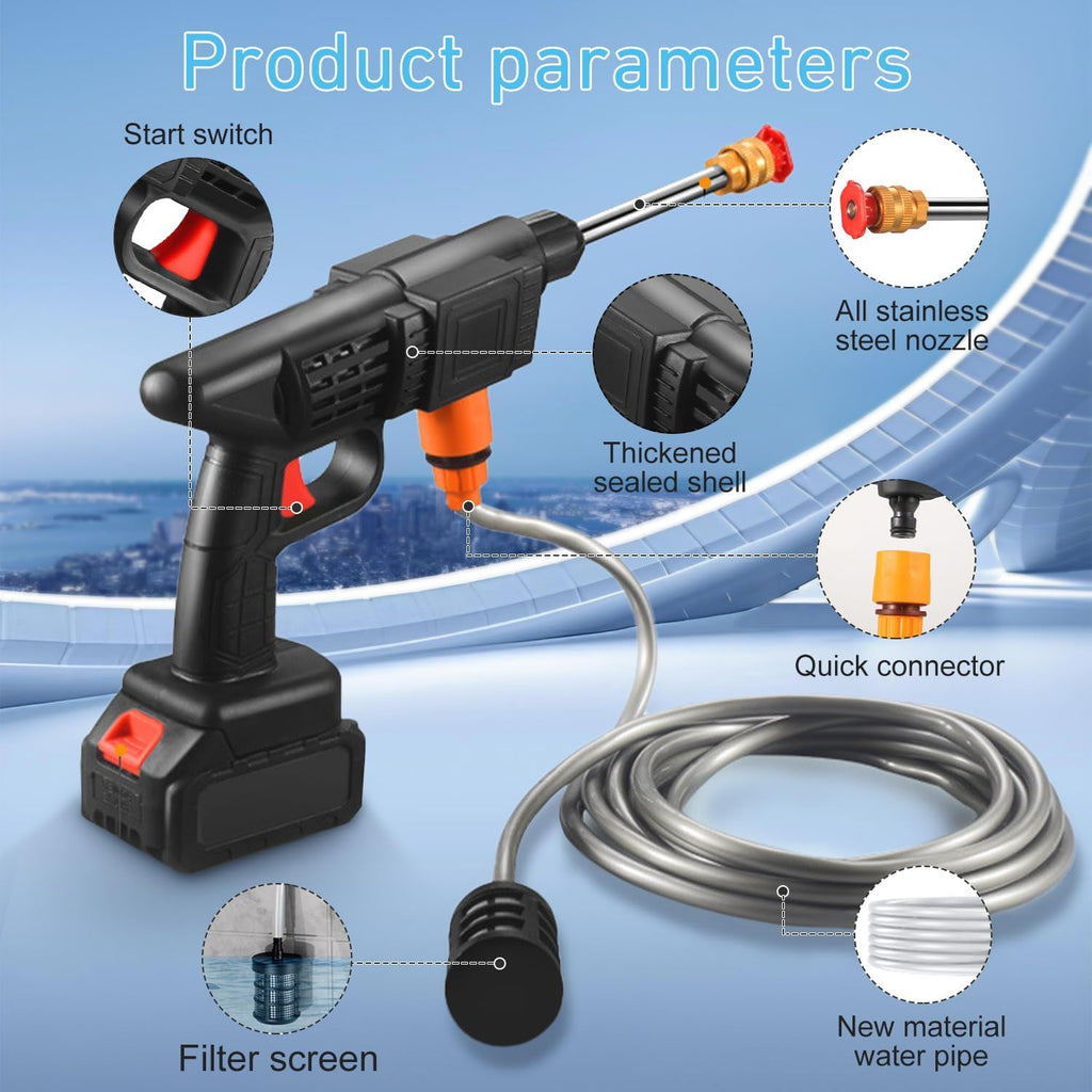 Idropulitrice a Batteria, 48V Max 90 Bar Idropulitrice Portatile con 2 Batteria, Ugello Multispruzzo 6 in 1, Tubo da 5M, Lancia di Prolunga, Strumento per La Pulizia Dell'auto da Esterno
